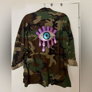 Vintage Army Camouflage Jacket with Sequin “Protective Eye” Art Detail